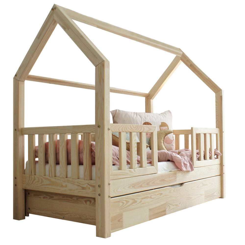 Lit cabane 90x190 barrières sommier bois marron - Maisons du Monde