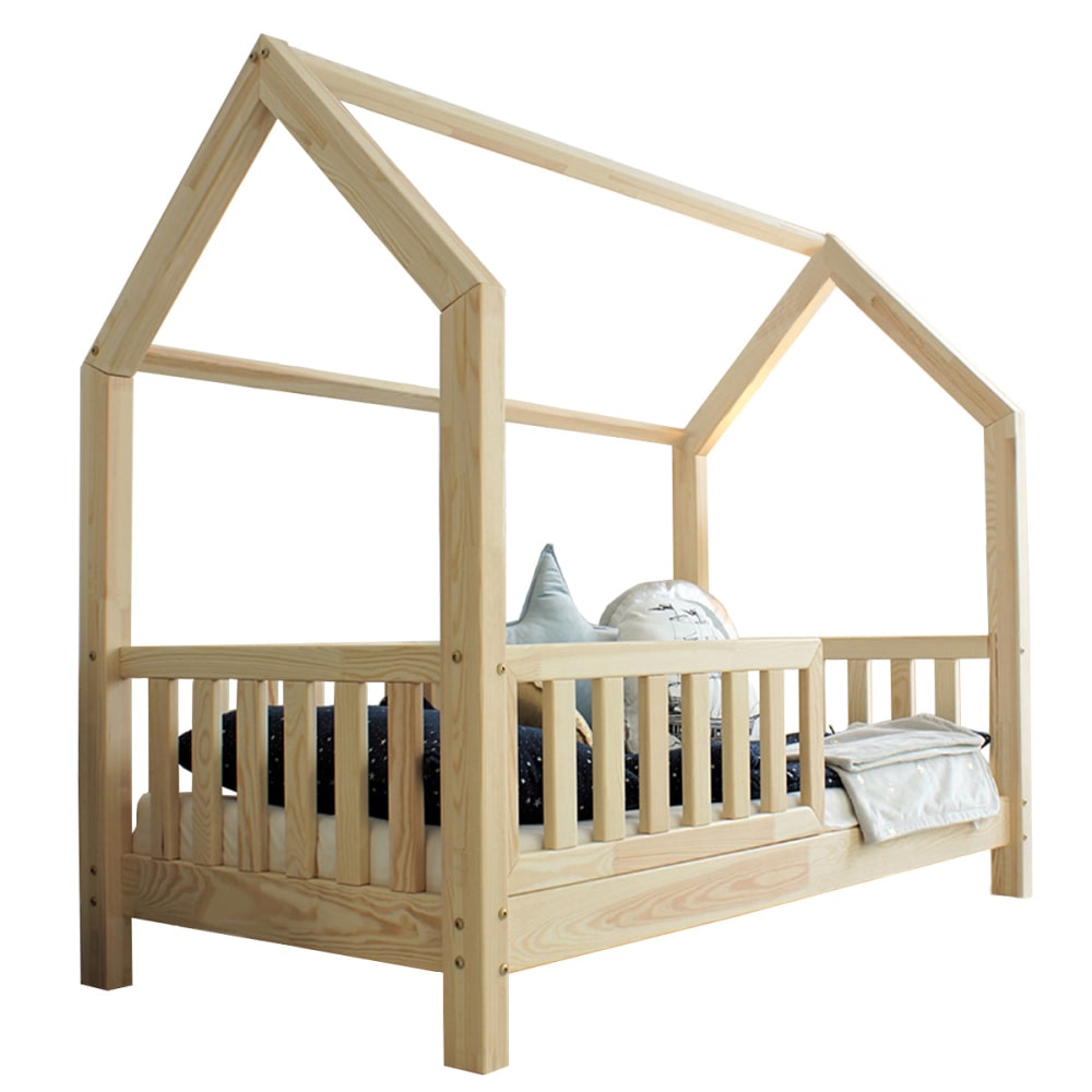 Lit cabane 90x190 barrière et sommier bois marron - Maisons du Monde