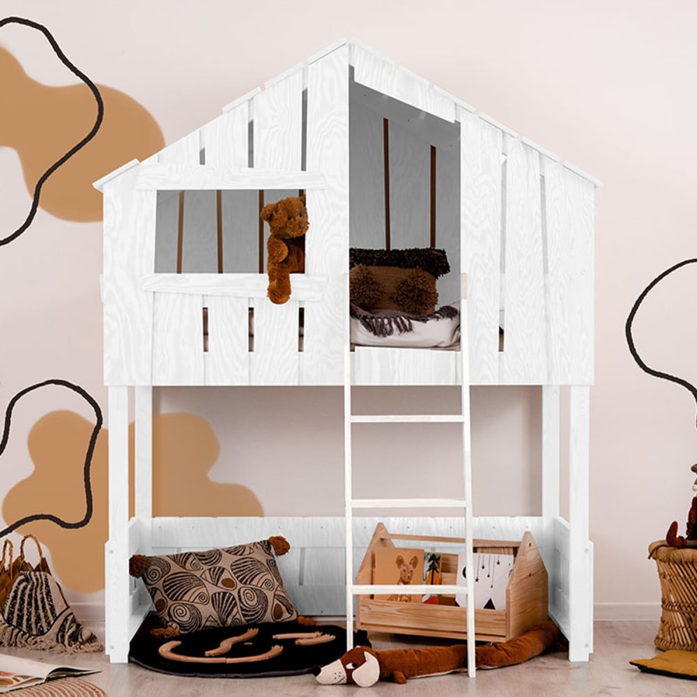 Lit cabane mi-hauteur 90x190 sommier bois blanc Lit cabane mi-hauteur 90x190 sommier bois blanc