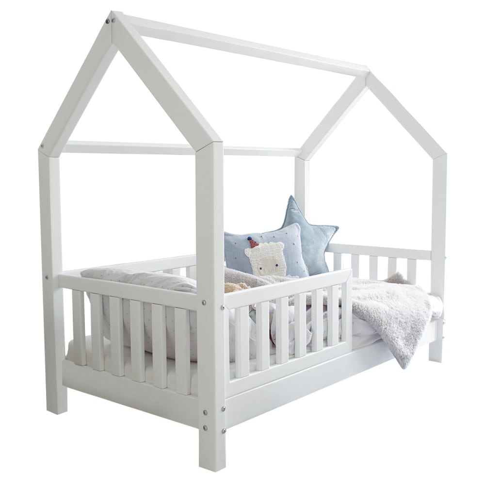 Lit cabane 90x200 barrière et sommier bois blanc - Maisons du Monde