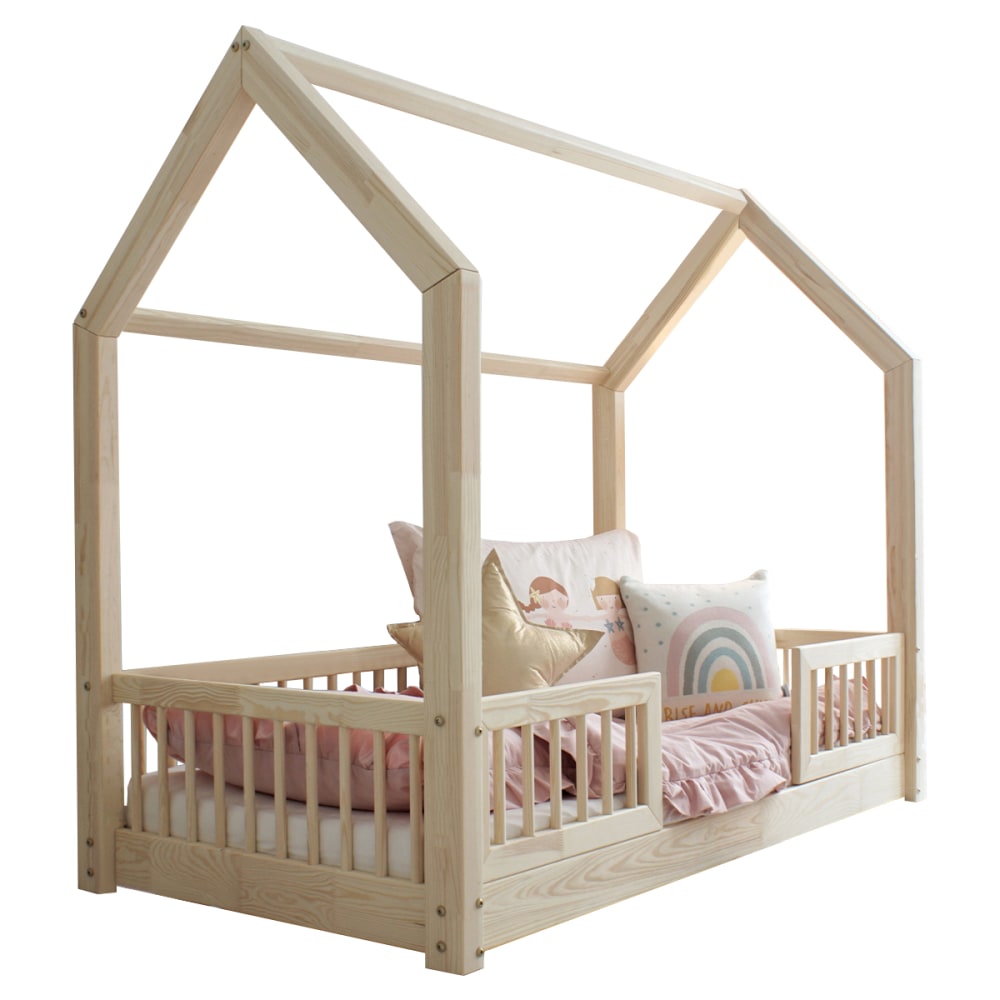 Lit cabane 90x190 barrières bois marron (Petits meubles) - Image 1