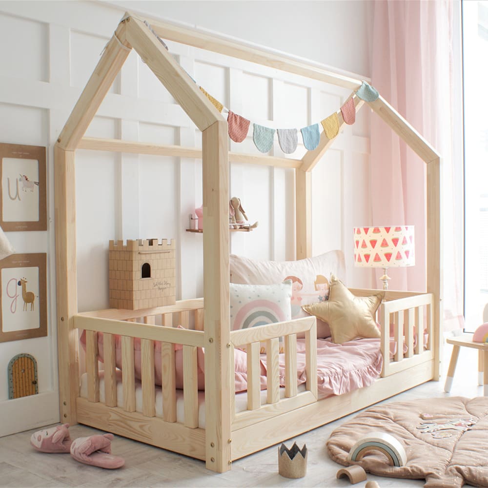 Petits meubles Lit cabane 90x190 barrières bois marron Marron Bois - 199x140x99cm