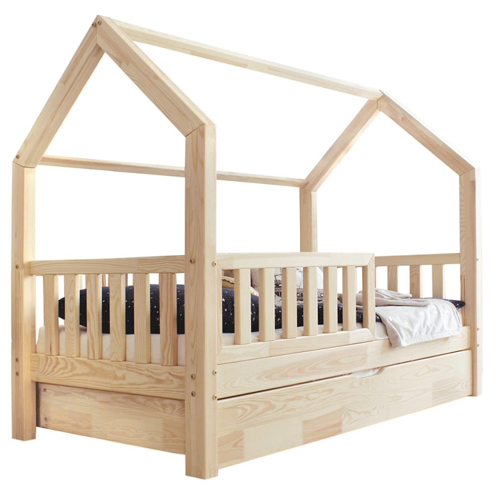 Lit cabane 90x190 barrière sommier bois marron - Maisons du Monde