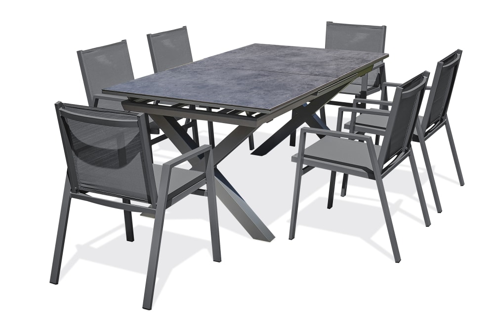 Ensemble repas de jardin 6 pl plateau céramique sur verre