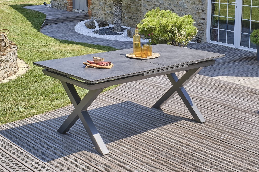 Table de jardin alu plateau céramique sur verre