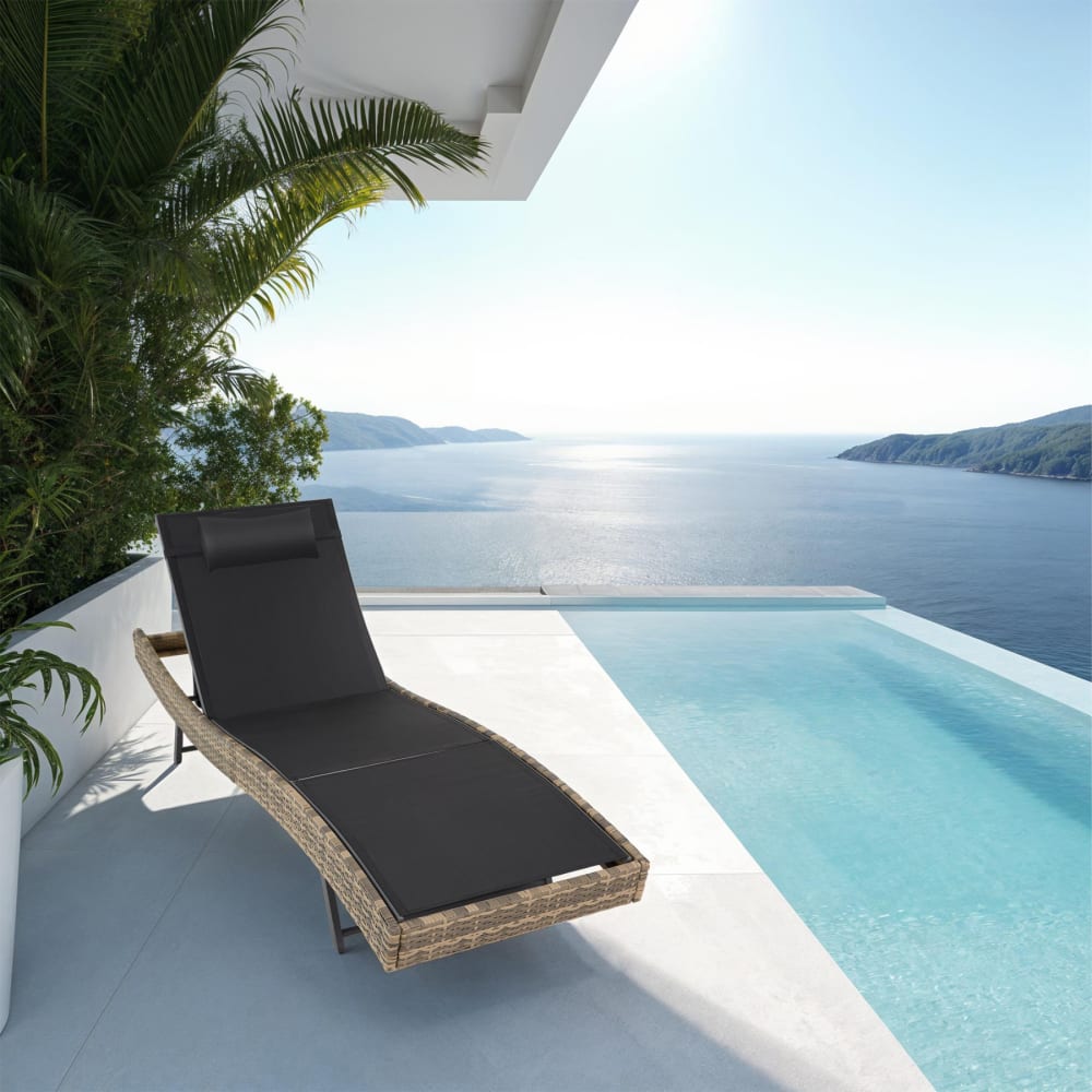 Chaise longue en rotin anti-UV Coussin de tête amovible marron naturel