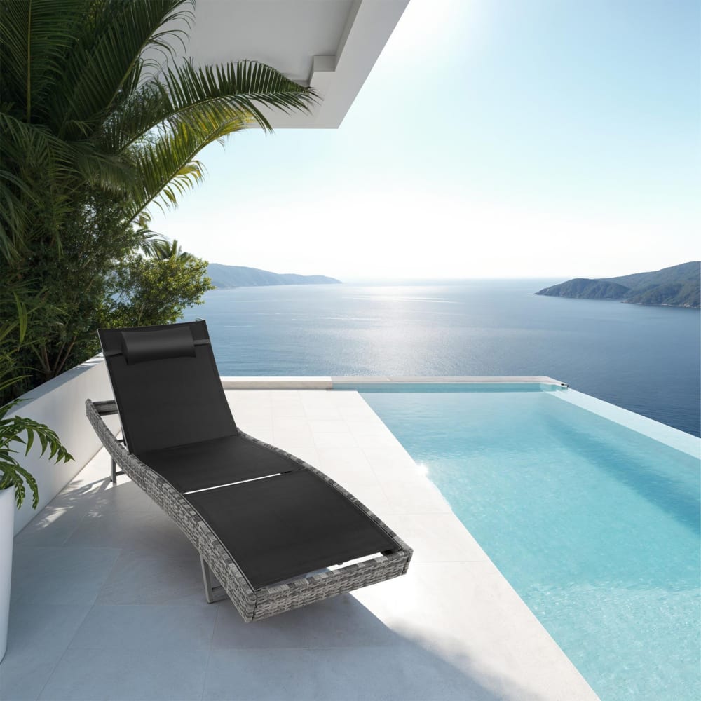 Chaise longue en rotin anti-UV Coussin de tête amovible gris tacheté