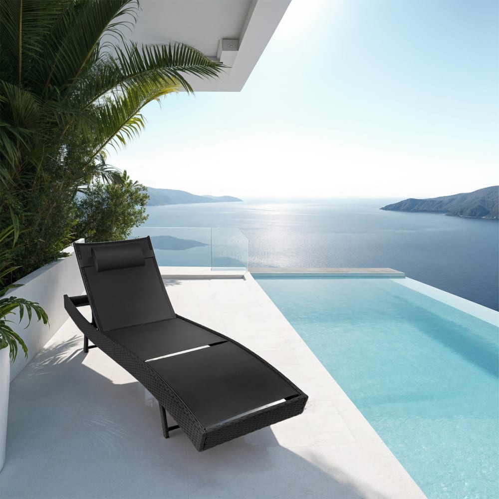 Chaise longue en rotin résistant anti-UV Coussin de tête amovible noir