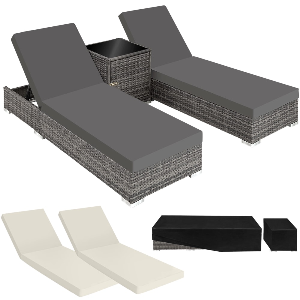 Lot de 2 Bains de soleil design luxueux Table avec rangement gris