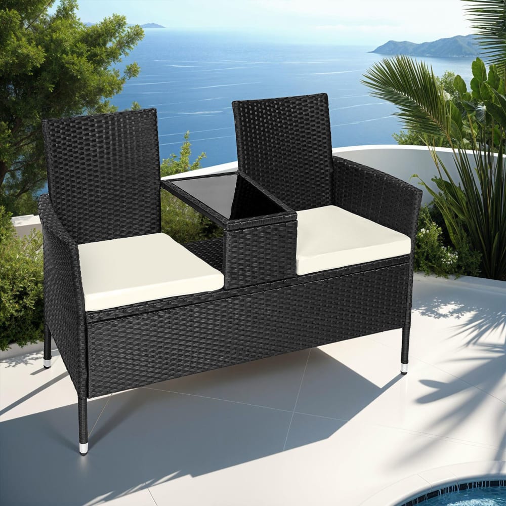 Canapé de jardin 2 places en résine tressée et acier noir et beige