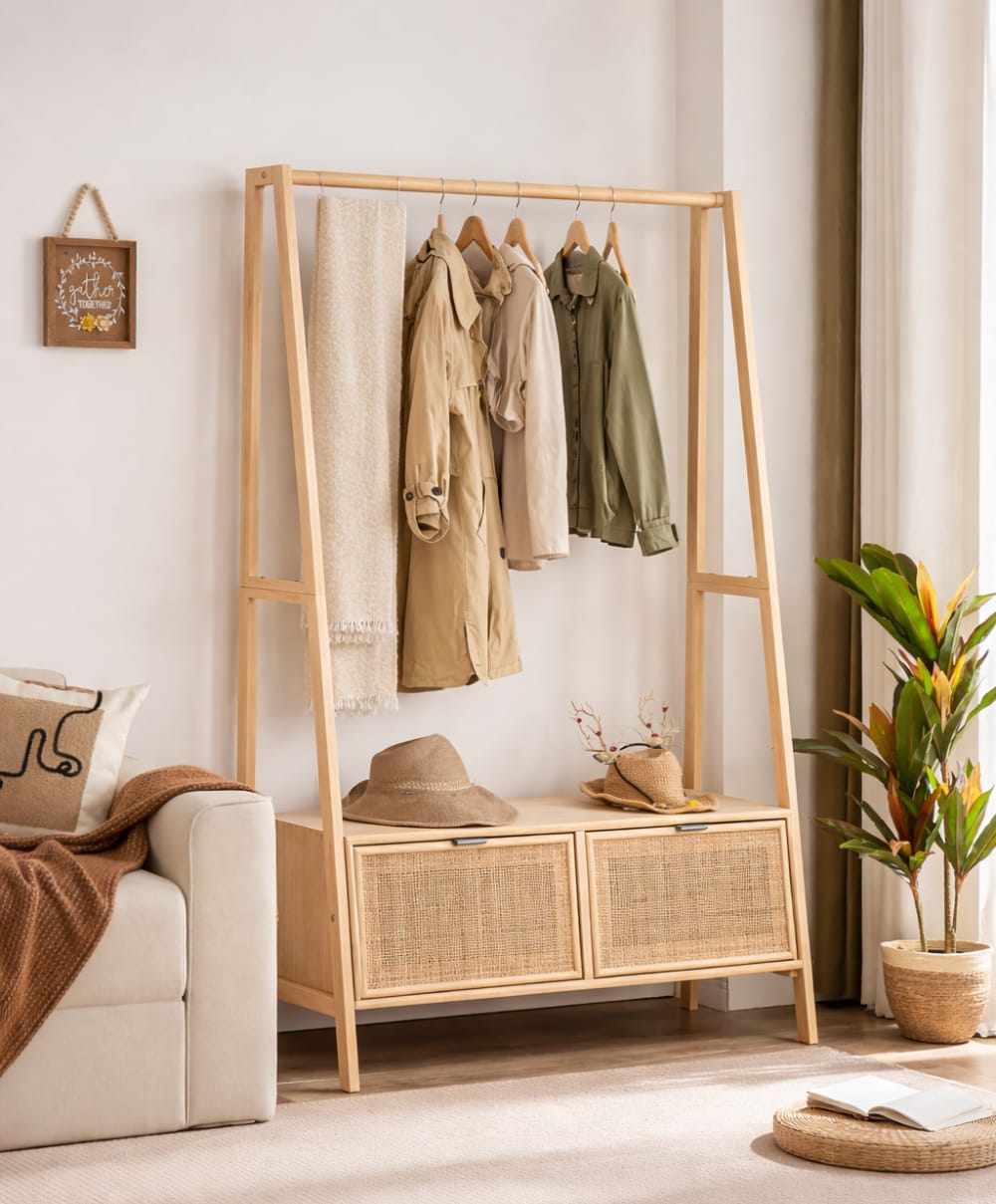 Vestiaire/portant en bois massif et cannage