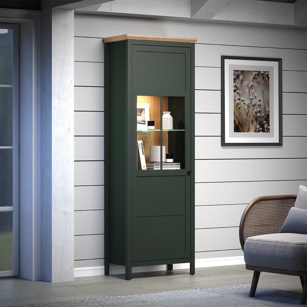 Vitrine 1 porte 69x39x198 cm décor chêne et vert foncé - AVA