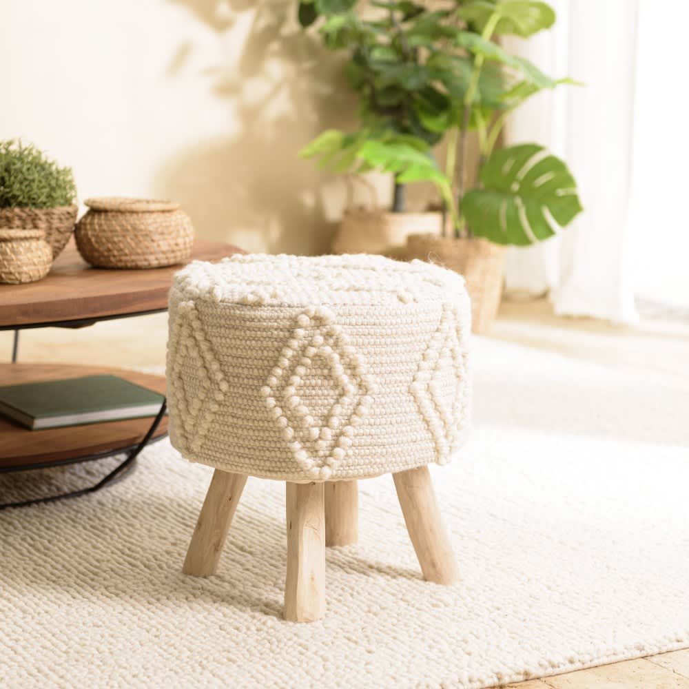 Tabouret rond 40x40cm laine motifs losanges ivoire pieds bois