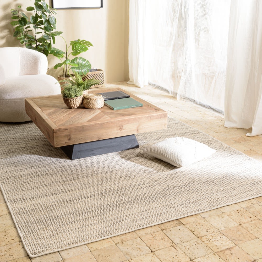 Rechteckiger Teppich aus gewebter Wolle 160x230cm, weiß und khaki