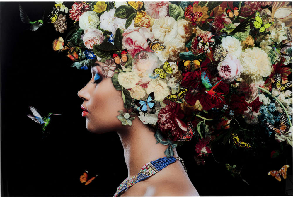 Kare Design Tableau femme coiffée de fleurs et papillons en verre 150x100 style contemporain Multicolore