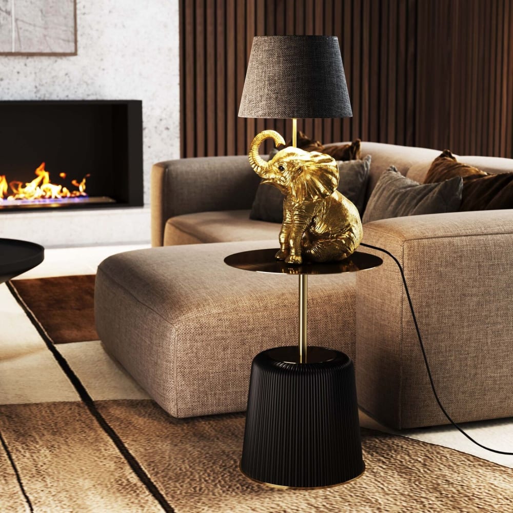 Lampe éléphant en polyrésine dorée et lin noir - Maisons du Monde