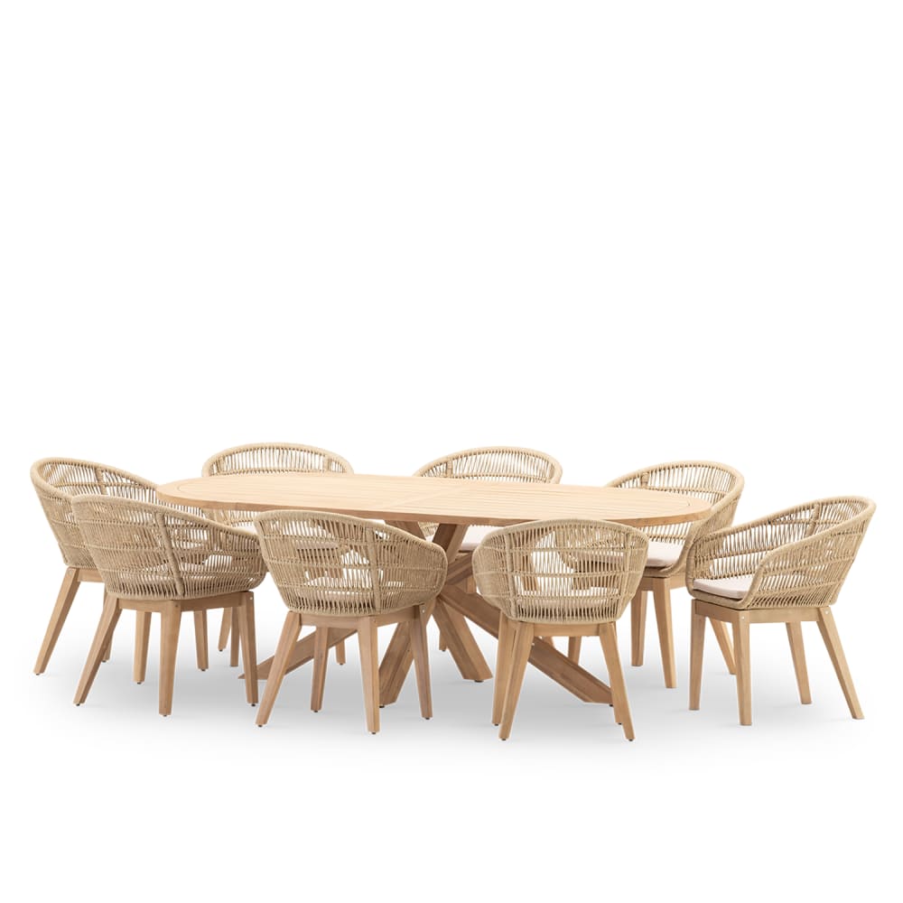 Table ovale de jardin 220x115 et 8 chaises en corde beige
