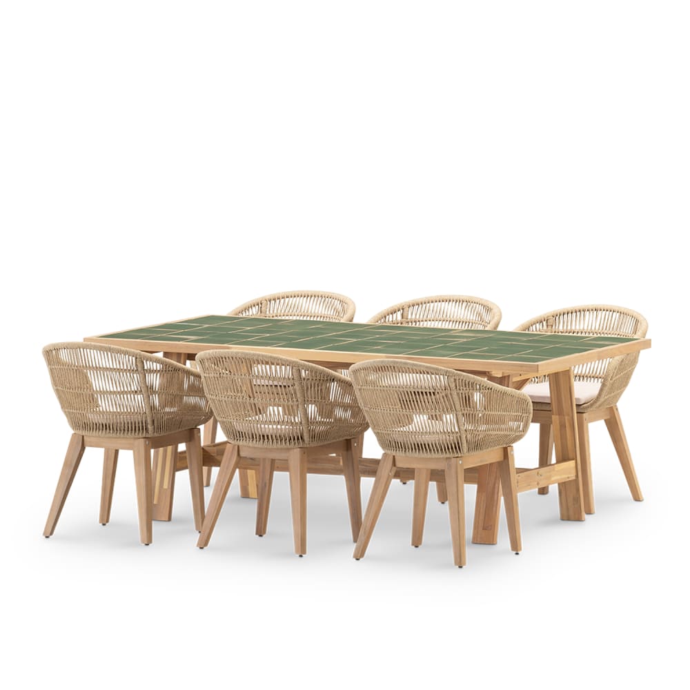 Set table bois et céramique vert et 6 chaises