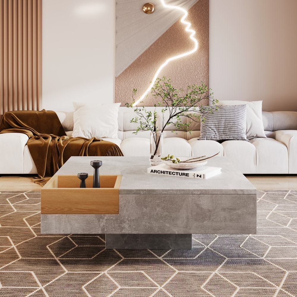 Table basse carré gris et une boit de rangement bois nature72*72*30