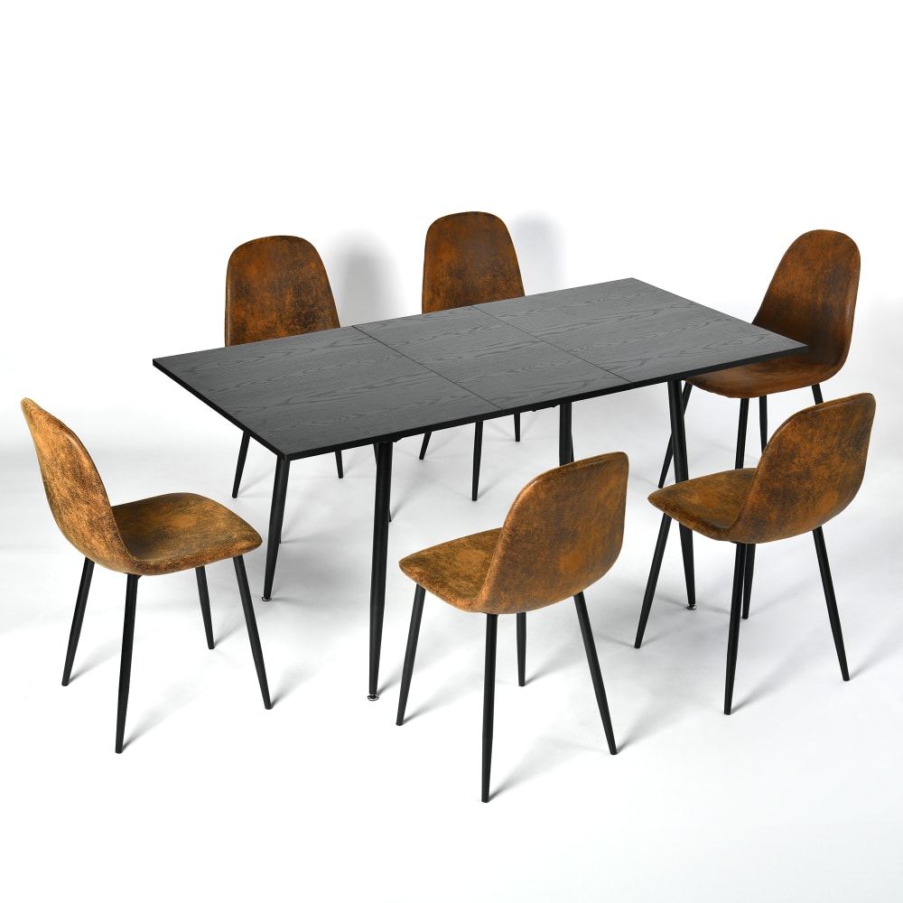 Ensemble table extensible effet bois foncé et 6 chaises en marron