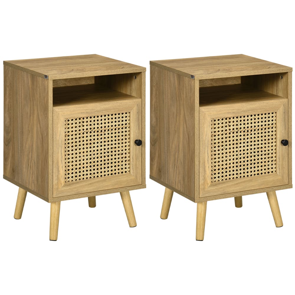 Homcom 2 Nachttische, Bohème-Stil & Mangoholz-Rattan Beige Spanplatte