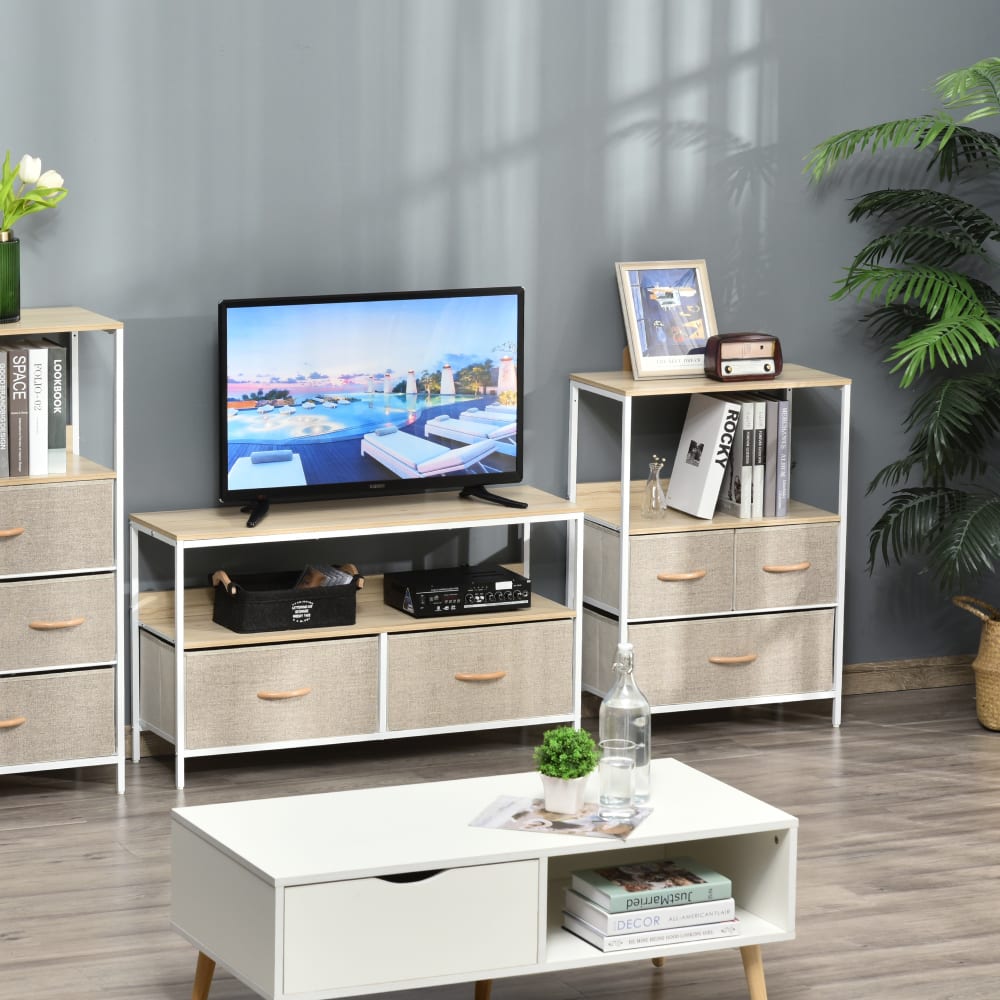 Commode 3 tiroirs étagère plateau acier mdf bois clair non tissé gris - Maisons du Monde