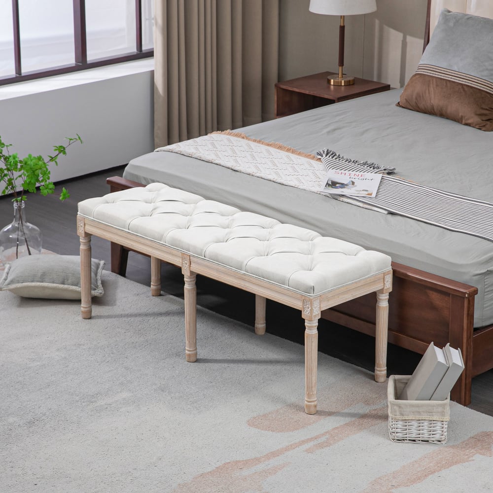 Tabouret capitonné style classique bois sculpté patiné tissu crème - Maisons du Monde