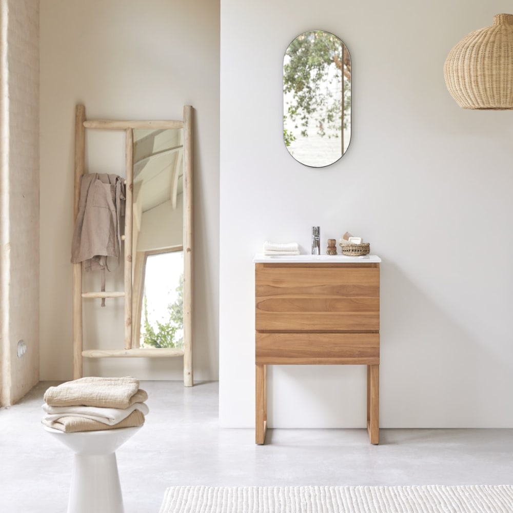 mueble de bano de teca maciza y ceramica de 60 cm