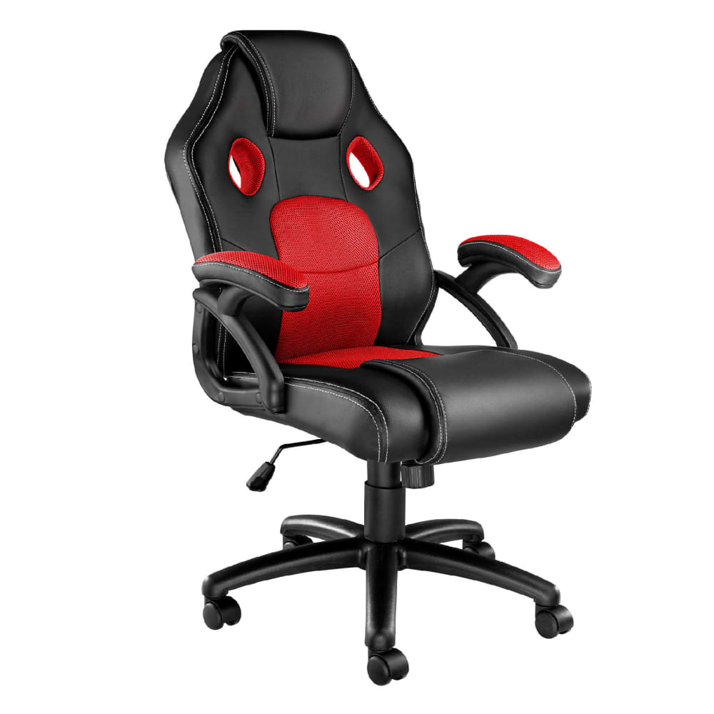 Chaise de bureau gaming ergonomique en cuir synthétique noir et rouge