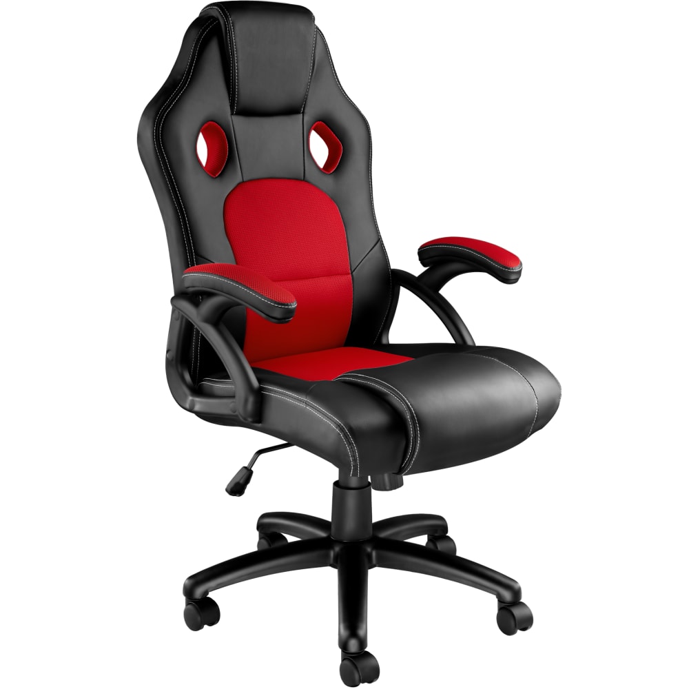 Chaise de bureau gaming ergonomique en cuir synthétique noir et rouge
