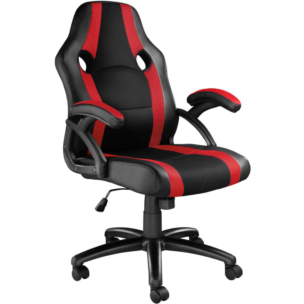 Chaise de bureau gaming ergonomique en cuir synthétique noir et rouge