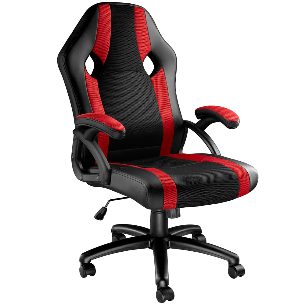 Chaise de bureau gaming ergonomique en cuir synthétique noir et rouge