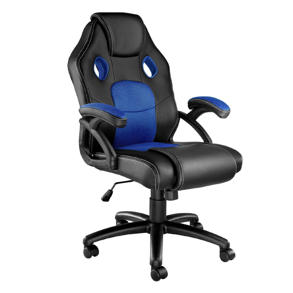 Chaise de bureau gaming ergonomique en cuir synthétique noir et bleu