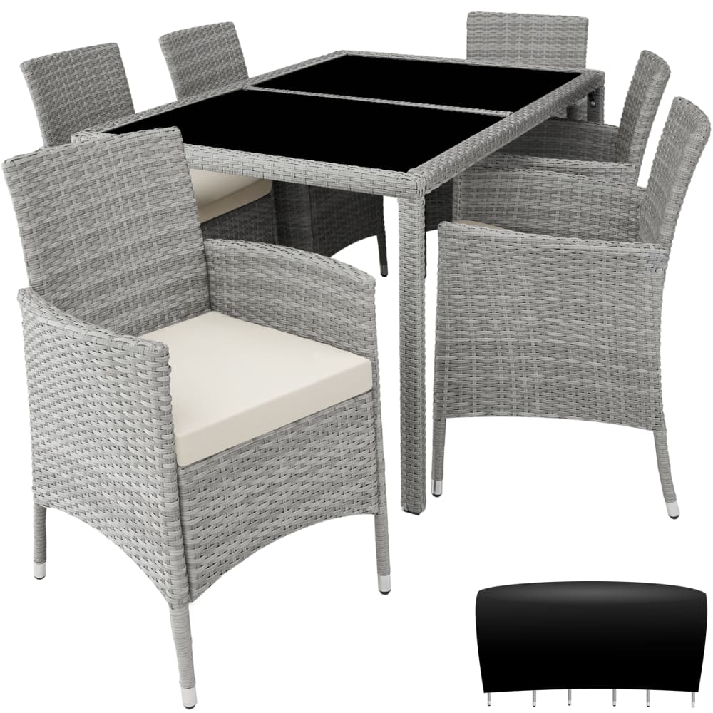 Salon de jardin 6 personnes anti UV Housse incluse gris clair/crème
