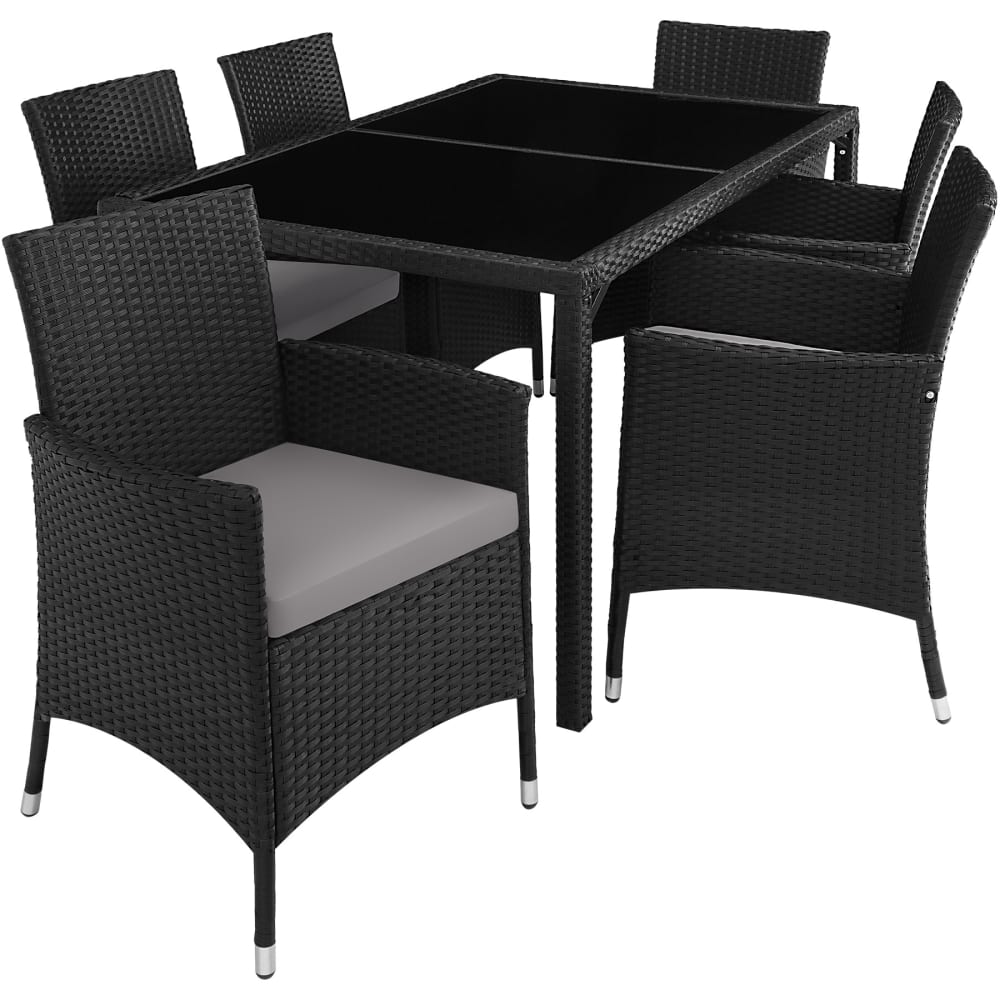 Salon de jardin 6 personnes en résine tressée et acier noir et gris