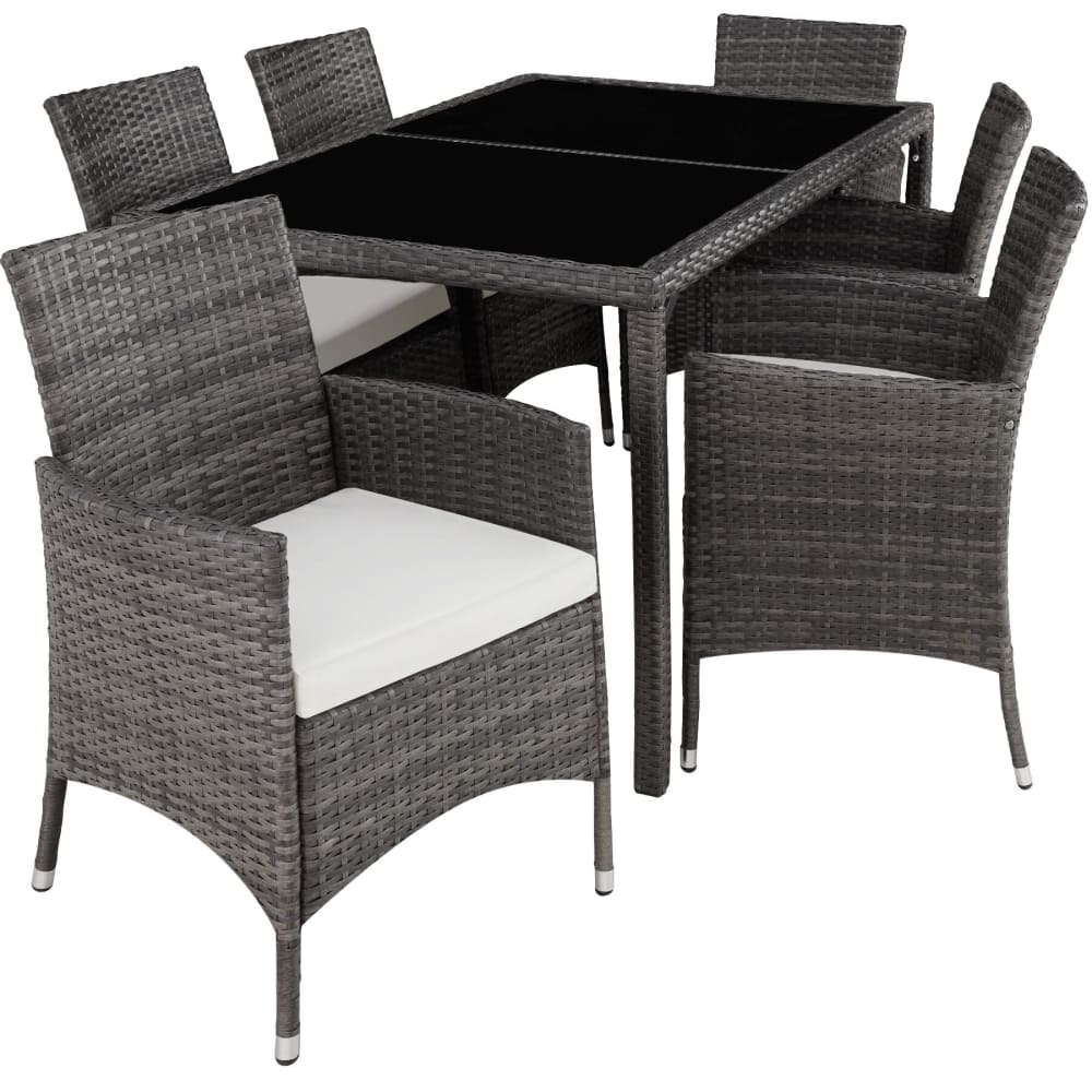 Salon de jardin 6 personnes en résine tressée et acier gris et blanc