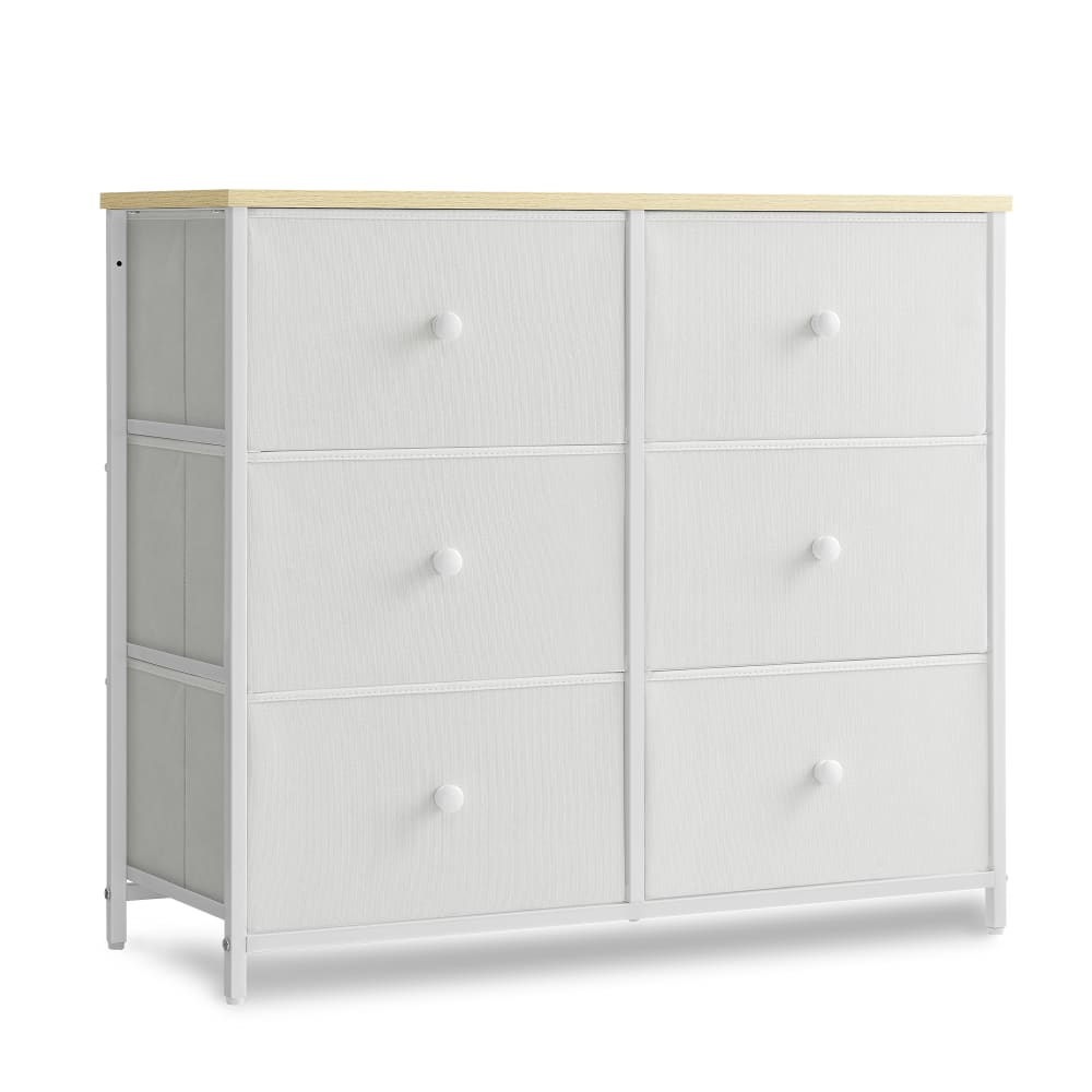 Commode avec 6 tiroirs en tissu blanc et couleur boisée
