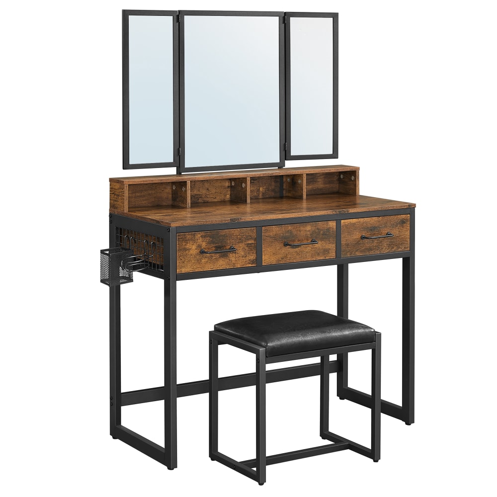 Coiffeuse avec tabouret miroir triple 3 tiroirs marron rustique