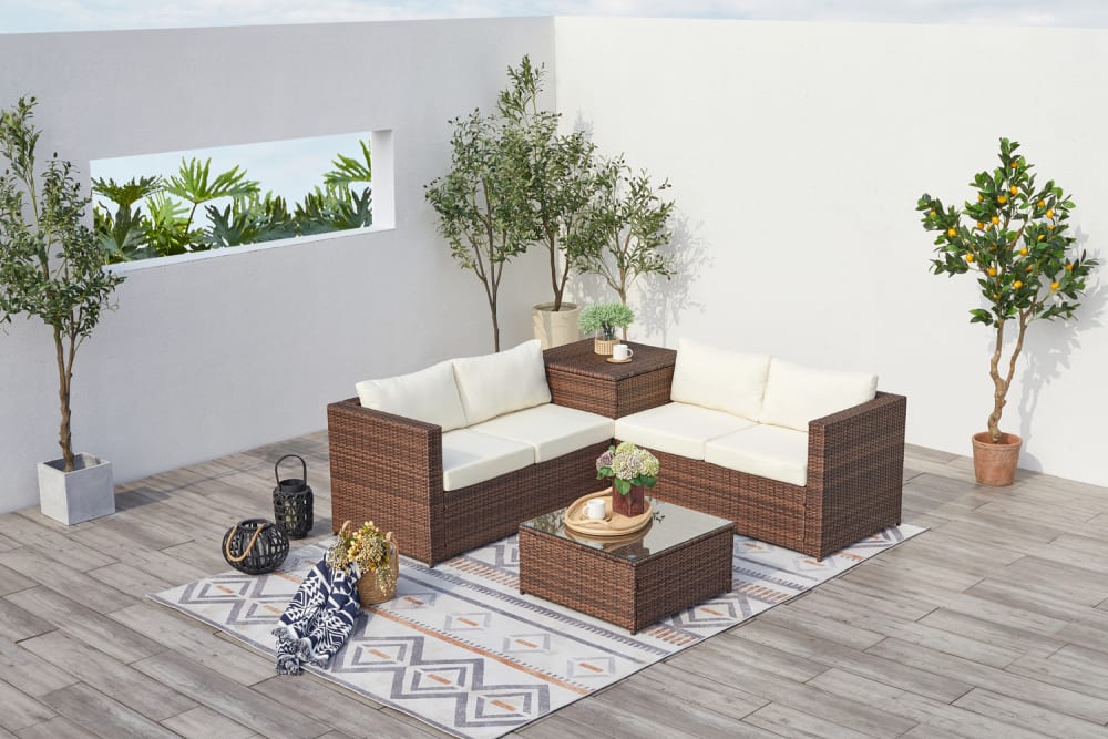 Salon de jardin en résine tressée 4 places avec coffre intégré marron