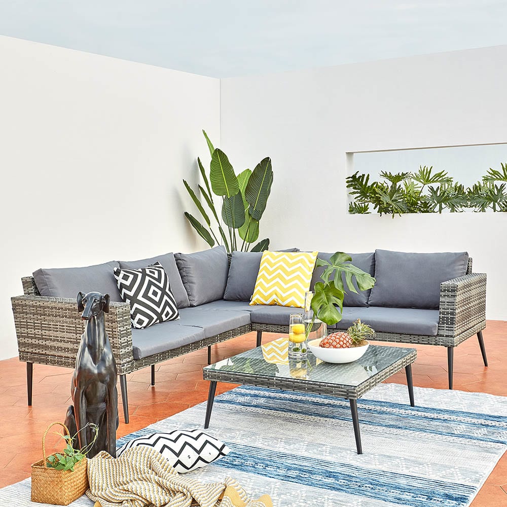 Salon de jardin bas 5 places en résine tressée gris