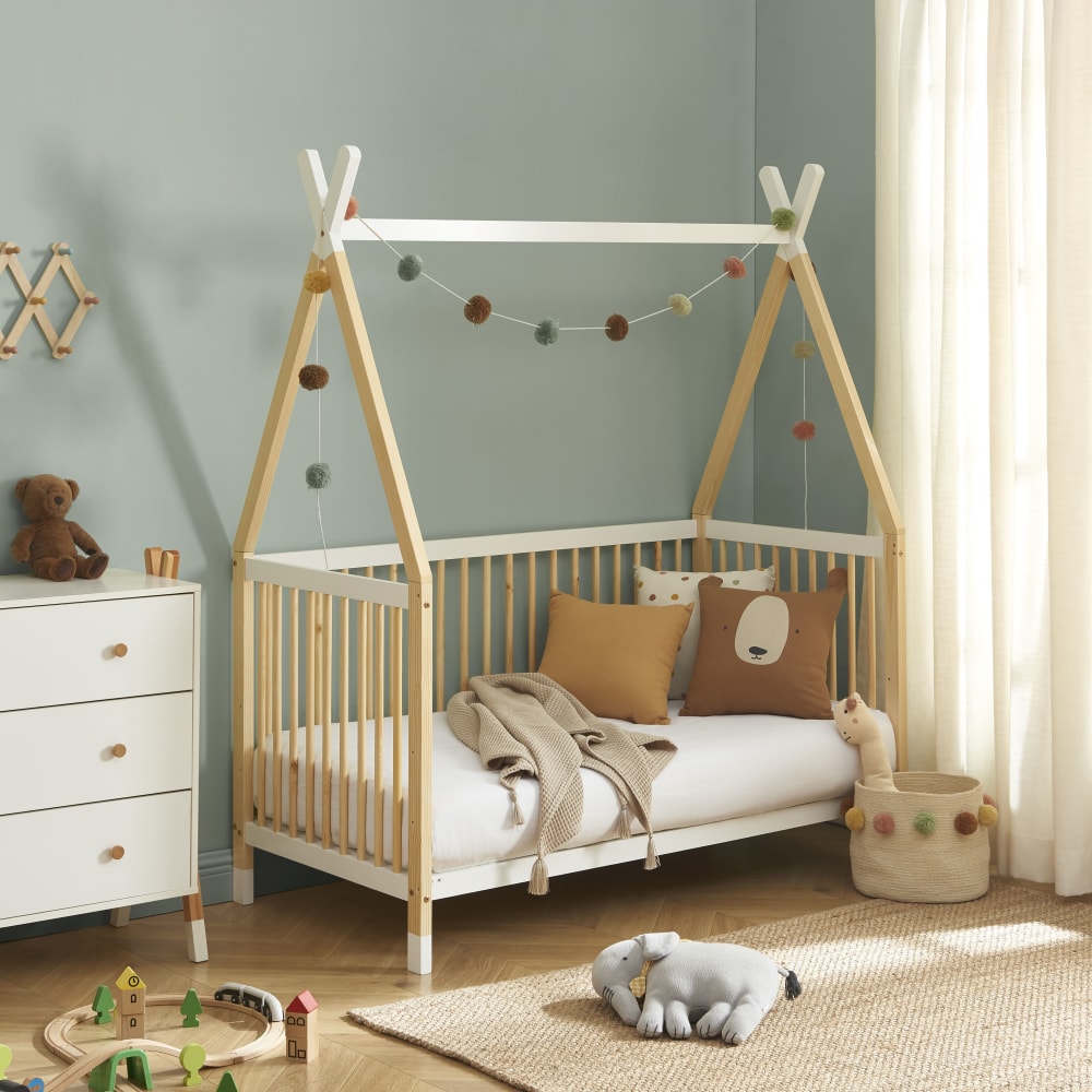 Lit bébé  pin et blanc 70x140 sommier inclus (Baita) - Image 1