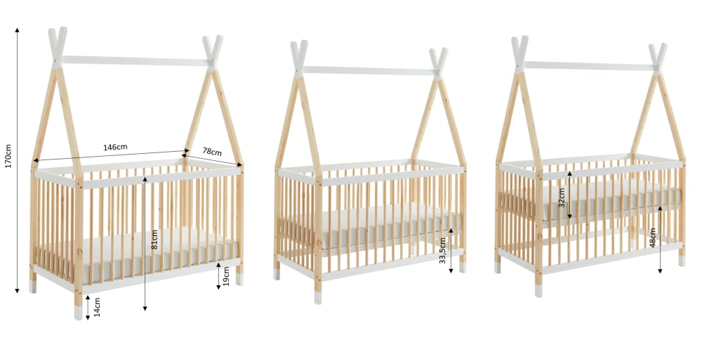 Lit bébé  pin et blanc 70x140 sommier inclus (Baita) - Image 2