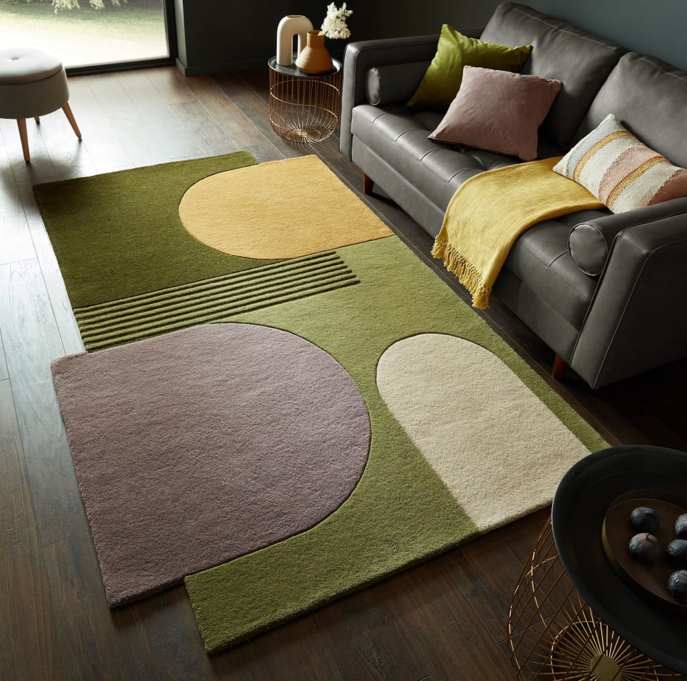 Tapis pure laine verte, grise, jaune et beige 150x240cm — vue 3
