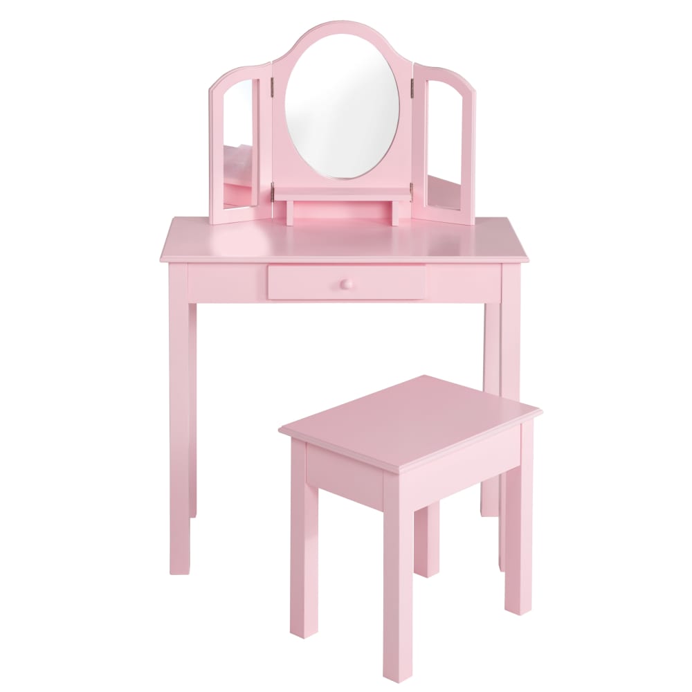 Coiffeuse enfant avec tabouret de rangement en bois rose