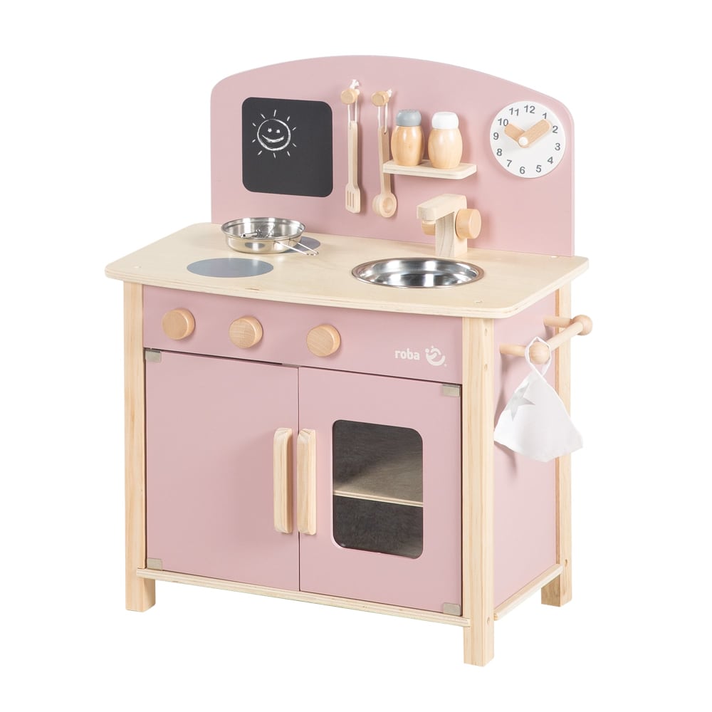 Cuisine enfant avec 7 accessoires en bois rose et beige
