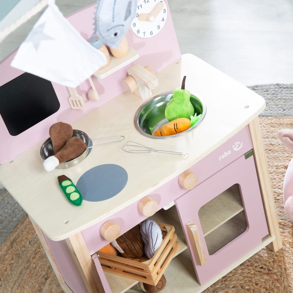 Spielküche, Herd, Spüle, & Zubehör, Weiß/Natur/Rosa - Maisons Du