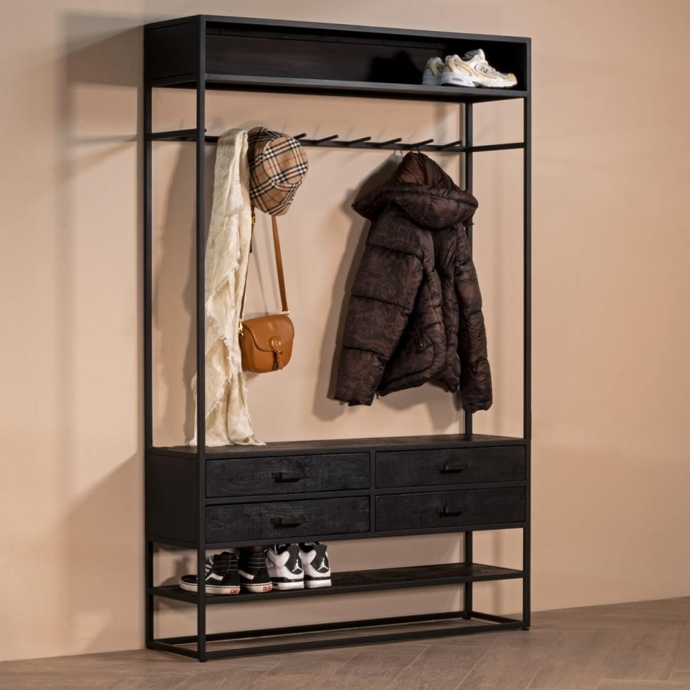 Garderobenschrank aus Metall/Holz 130x35x200cm, schwarz - Maisons
