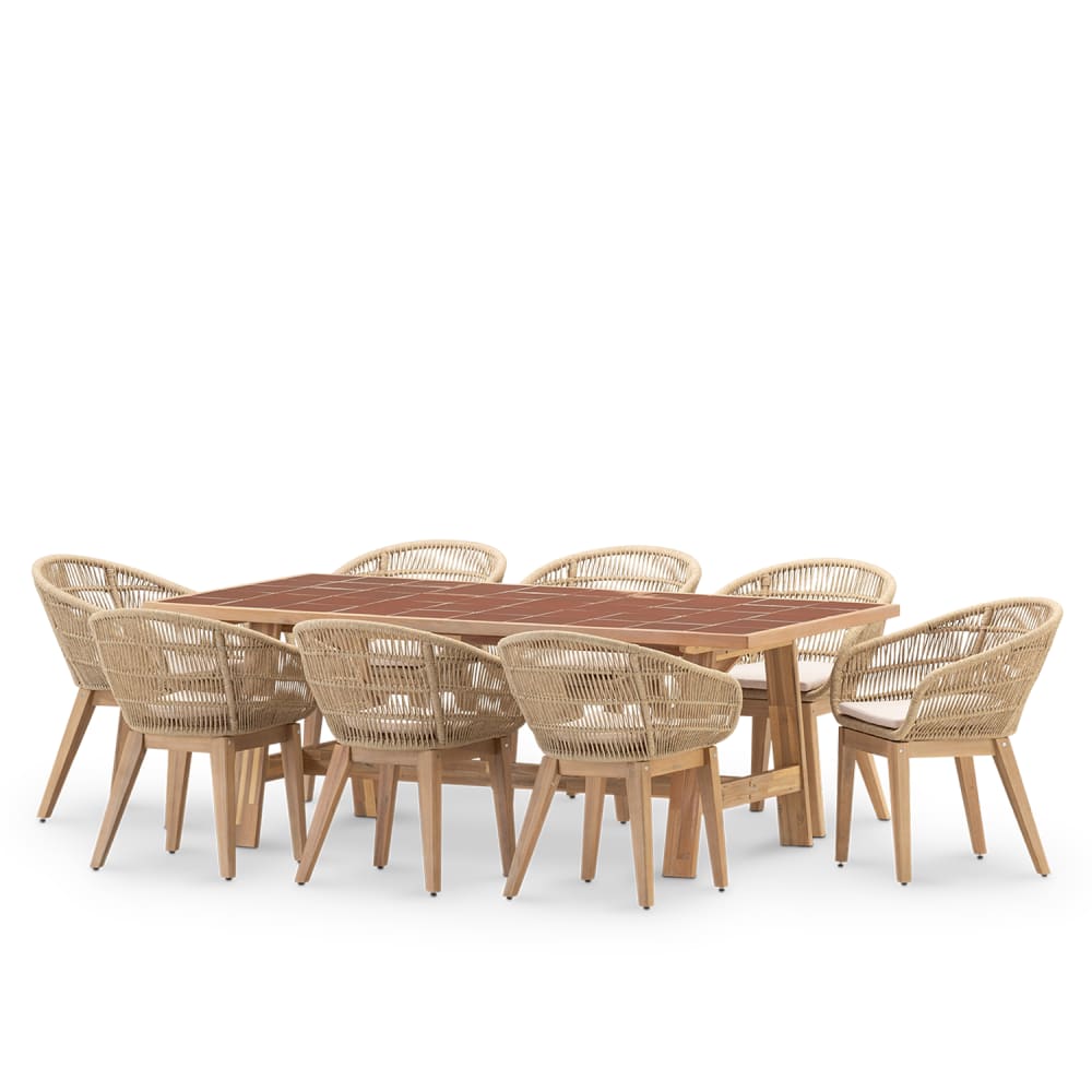 Set table jardin en céramique terracotta 200x100 et 8 chaises en bois