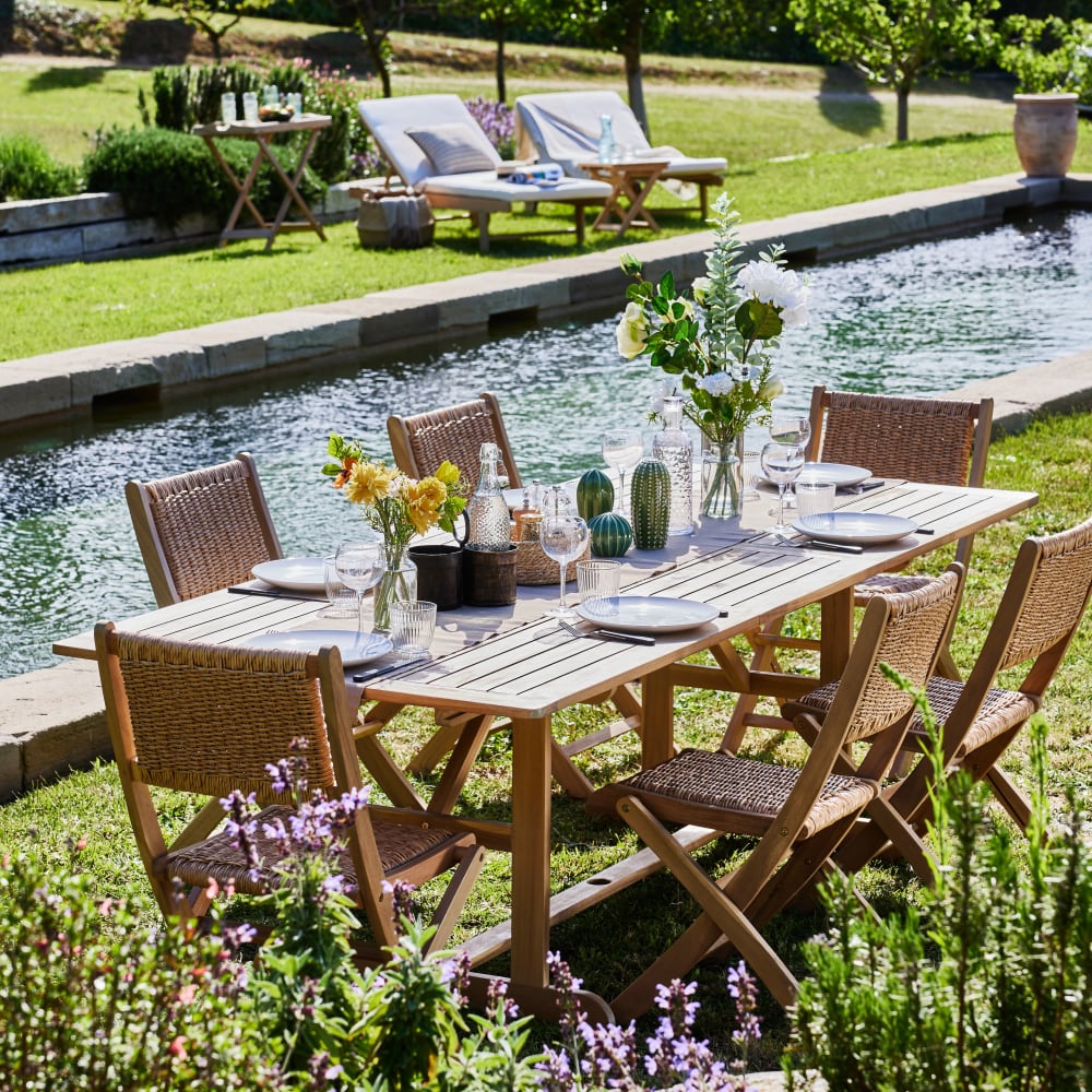 Ensemble table ext 180/240x100 + 2 fauteuils + 4 chaises rotin synth