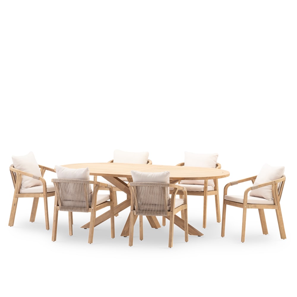 Set jardin table ovale 220x115 et 6 chaises corde beige